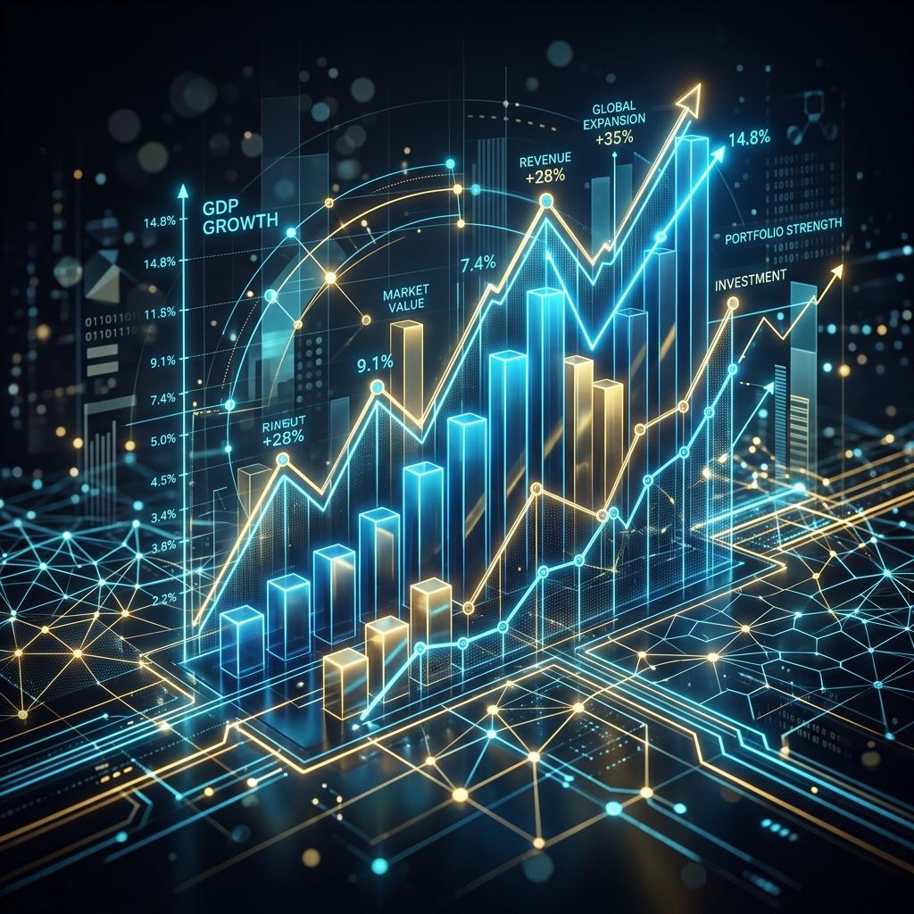 Glowing 3D bar graphs and rising data charts displaying positive trends and economic growth
