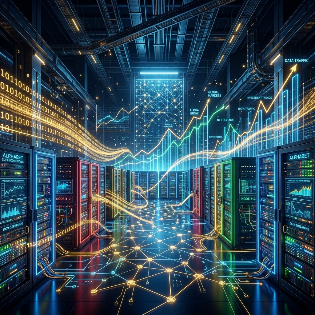 Futuristic data center server blocks illuminated in Alphabet colors representing the $84.75 billion capital raise