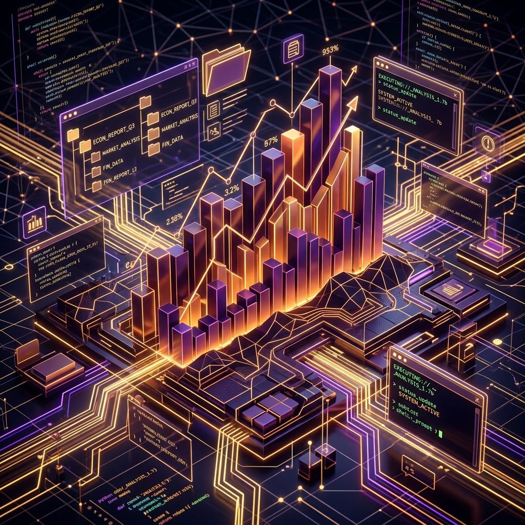 Abstract economic chart and command terminals representing the shift to agentic AI workflows
