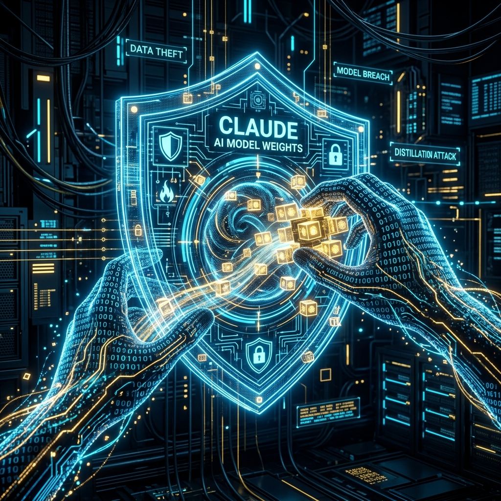 AI cybersecurity graphic representing Claude model harvesting and distillation