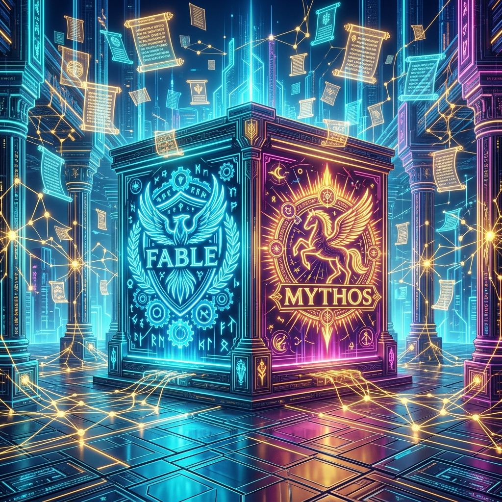 A glowing futuristic landscape with columns and abstract scrolls representing Fable and Mythos models