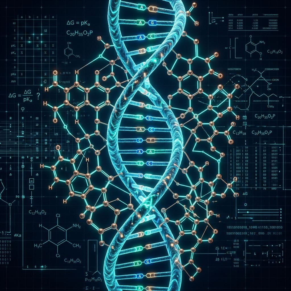Glowing DNA double helix intertwined with turquoise and bronze chemical molecular structures on a dark grid background