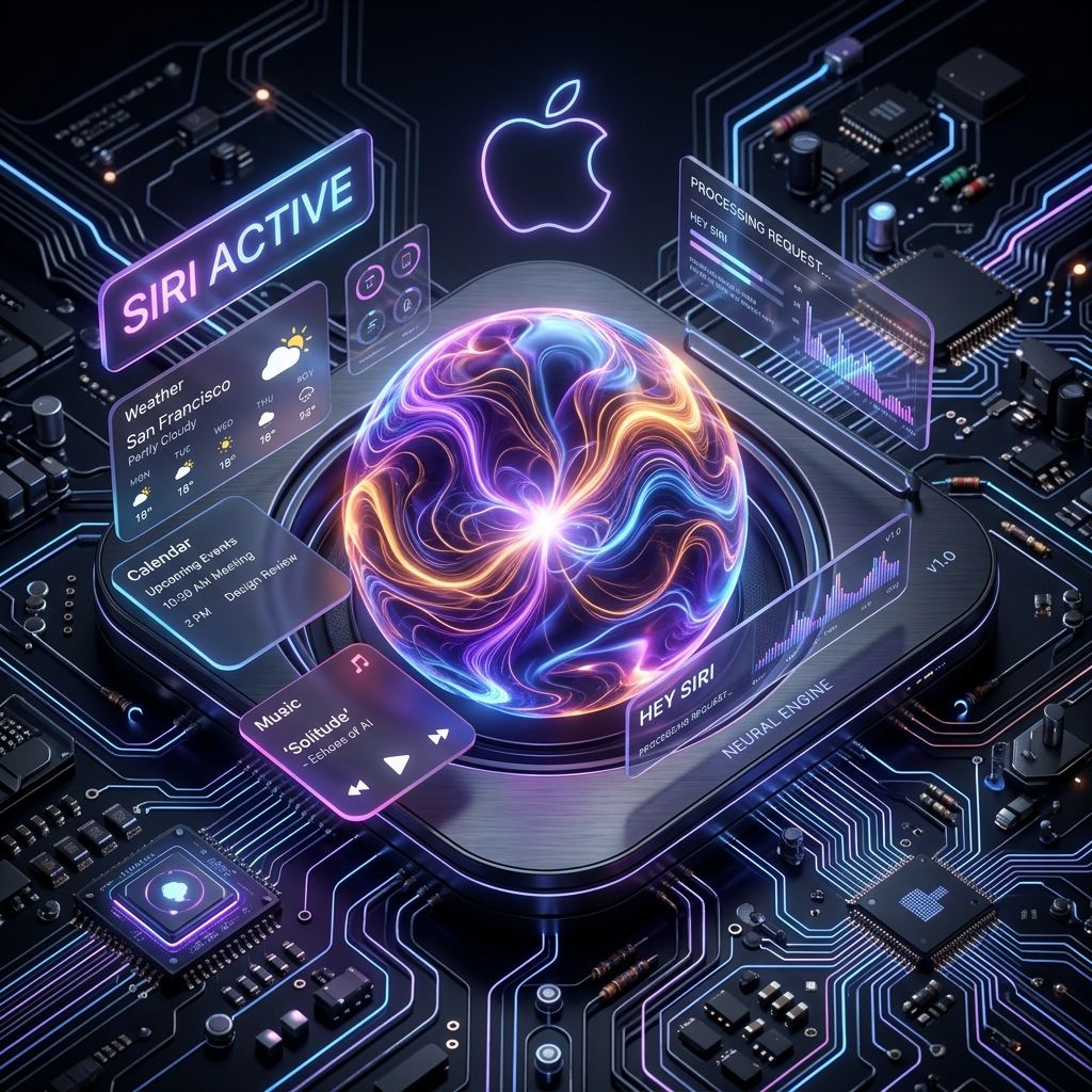 A glowing multi-colored AI energy orb representing Apple Siri AI and mobile operating system upgrades