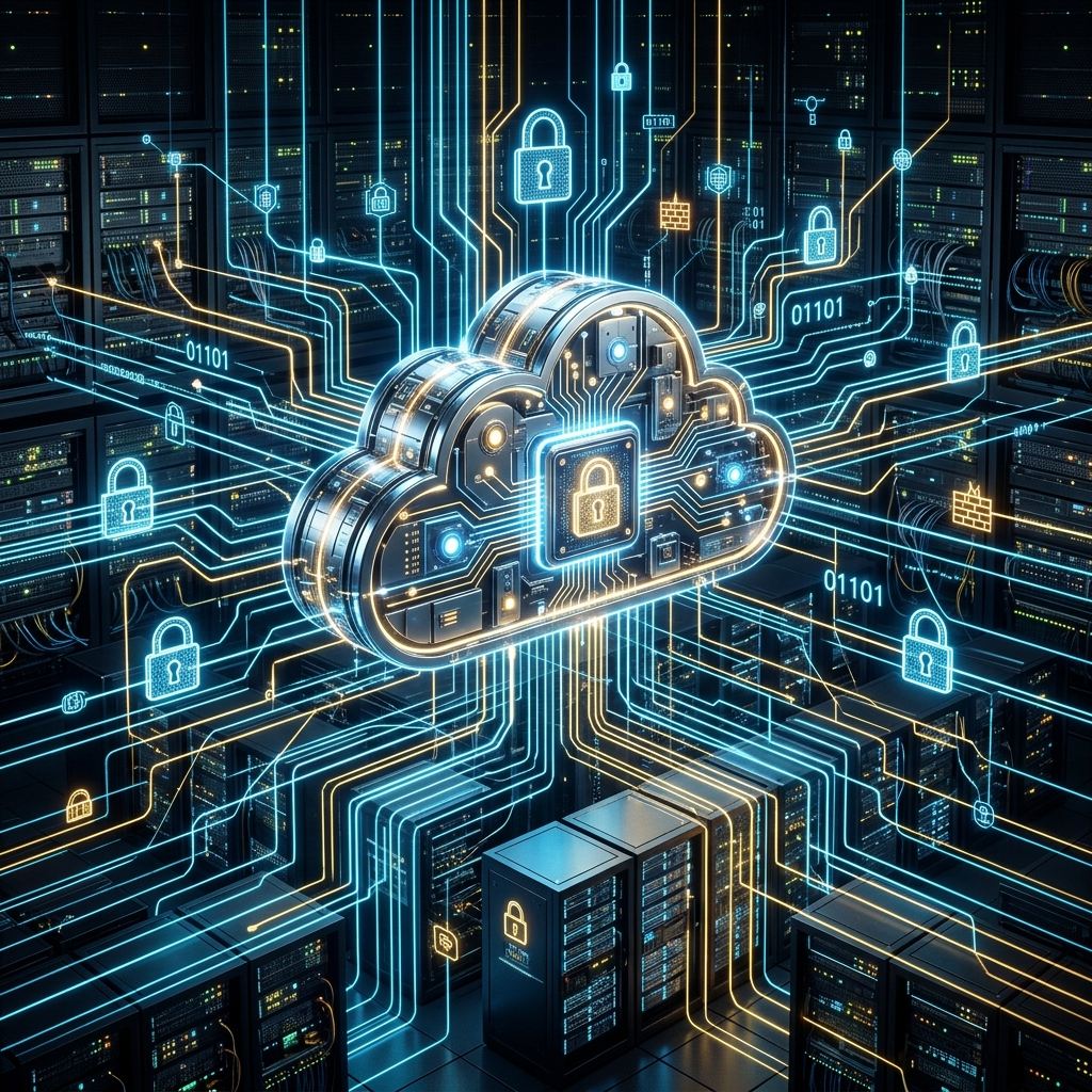 Glowing metallic cloud suspended above server racks representing cloud computing and secure intelligence networks