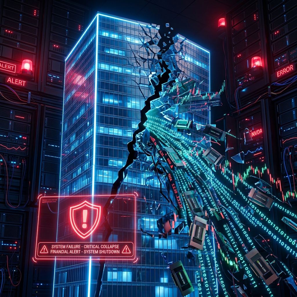 Conceptual cracked skyscraper representing AI financial bubble and credit risks
