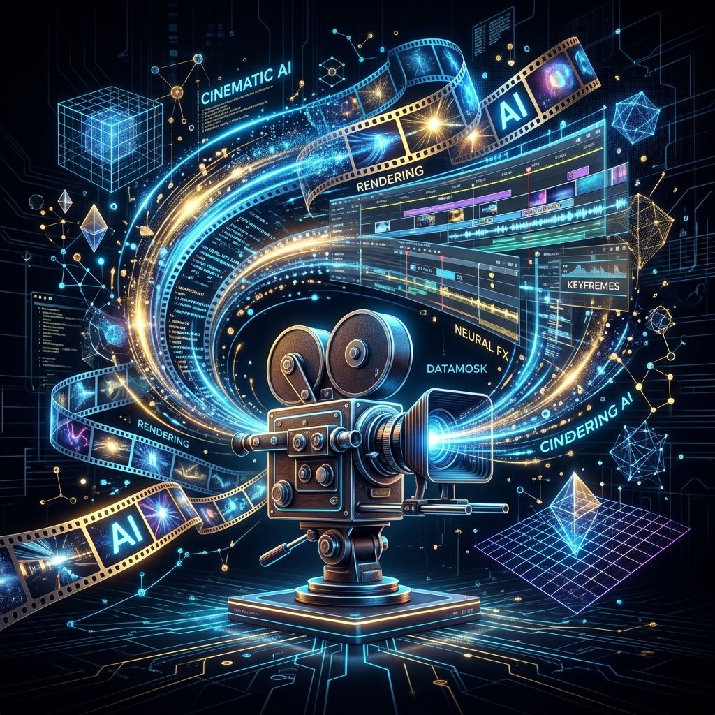 Glowing vintage film camera emitting neon light and digital VFX data streams representing cinematic AI