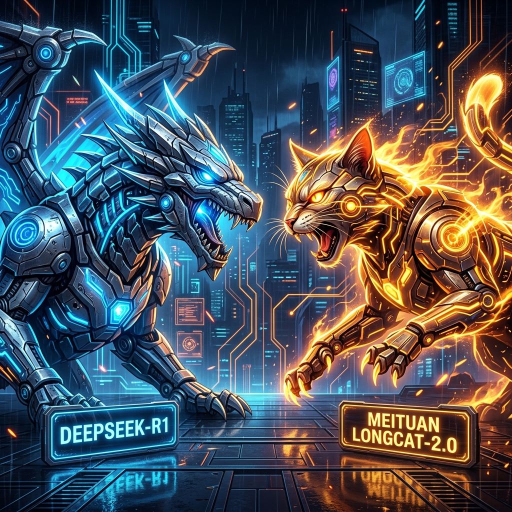 Steel-blue digital dragon clashing with golden-orange cyber cat over silicon microchip nodes