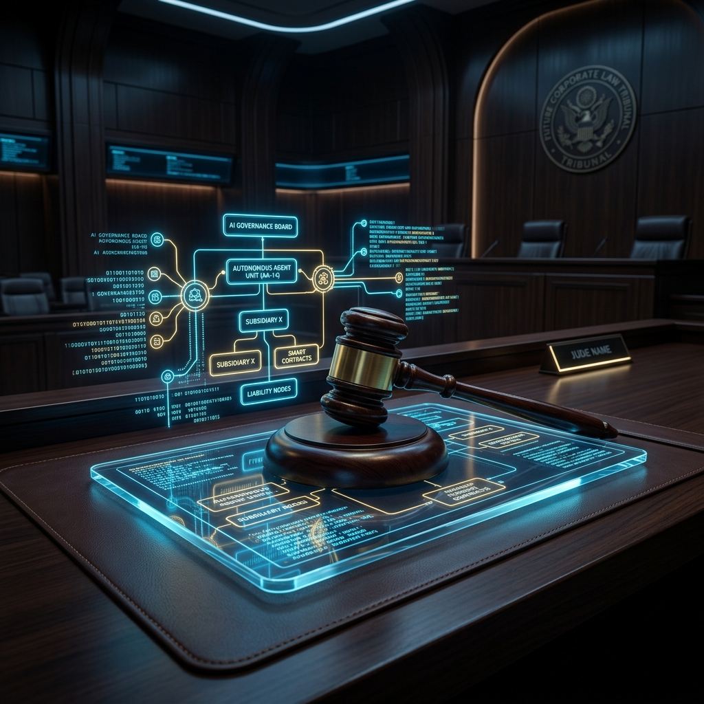 Judge's gavel on a glowing holographic glass tablet representing corporate governance and autonomous AI agent operations