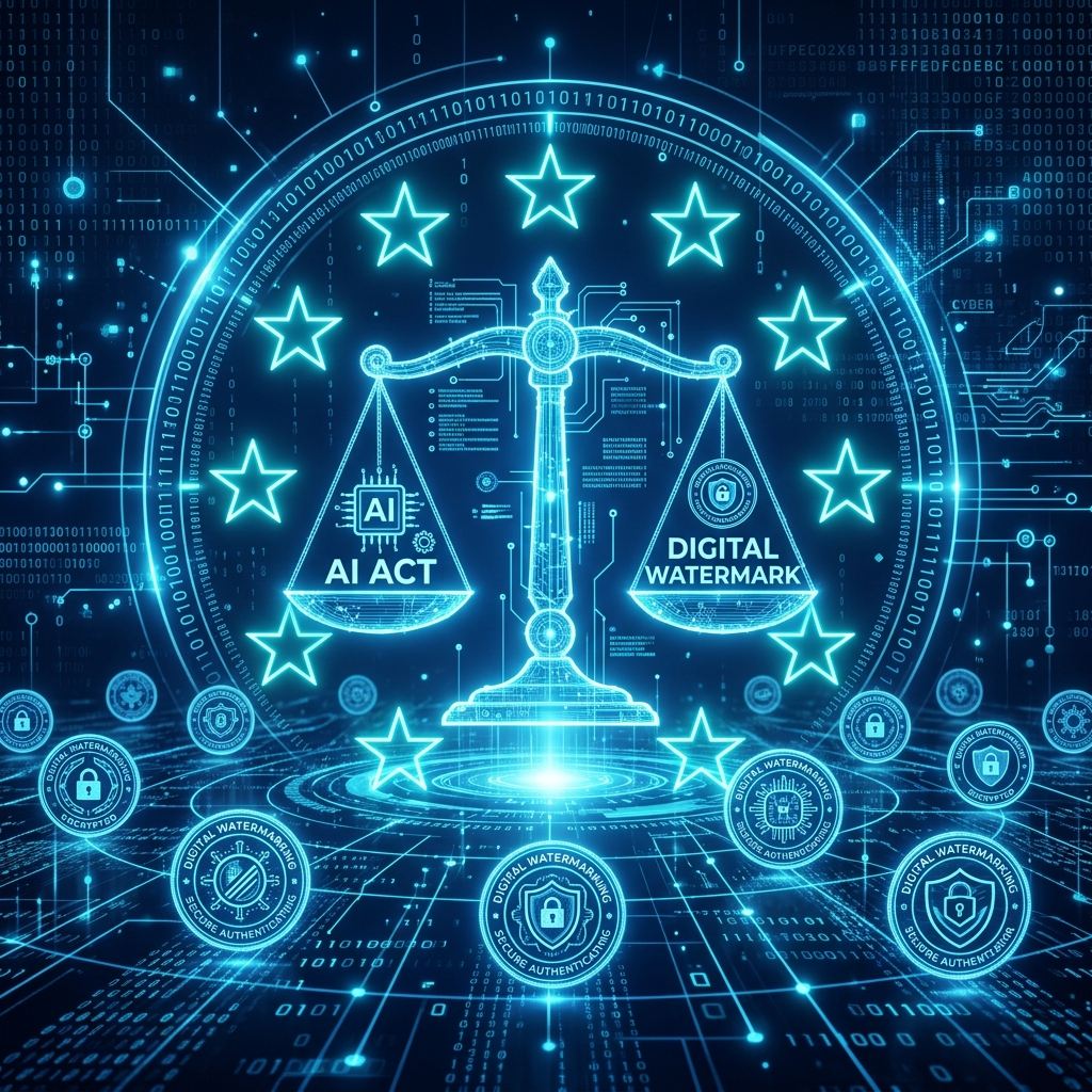 European Union neon scale representing the EU AI Act legislative framework and watermarking