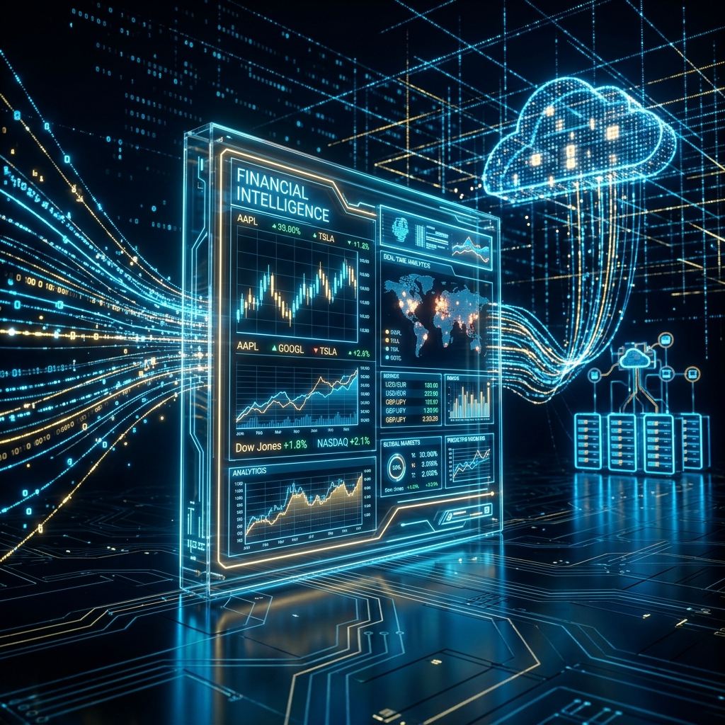 Sleek glass terminal with financial charts and stock trends connected to a digital cloud grid representing financial AI