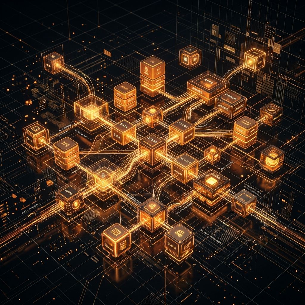 Glowing modular database containers and software pods representing Globant and Anthropic strategic alliance