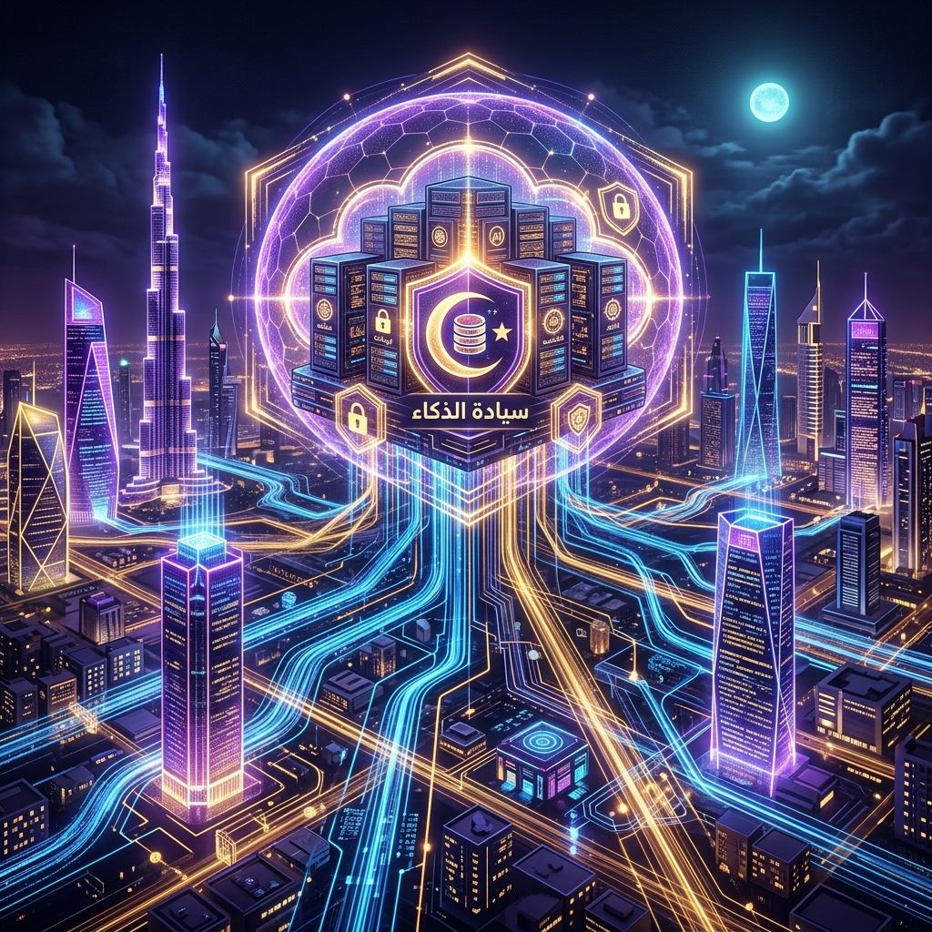 Holographic futuristic Arab city towers connected by digital data streams representing sovereign AI operating systems