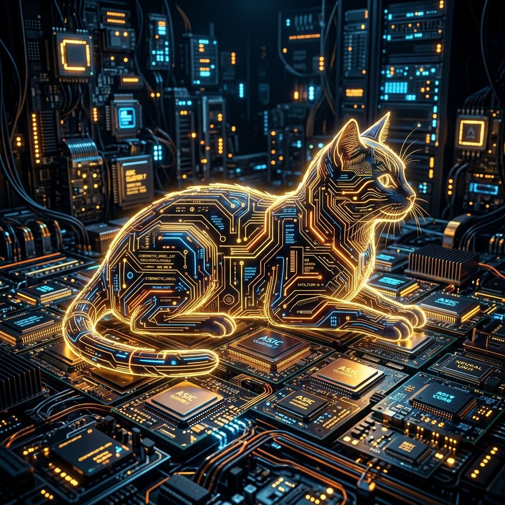 Glowing data circuit cat silhouette above silicon chip arrays representing domestic pre-training clusters