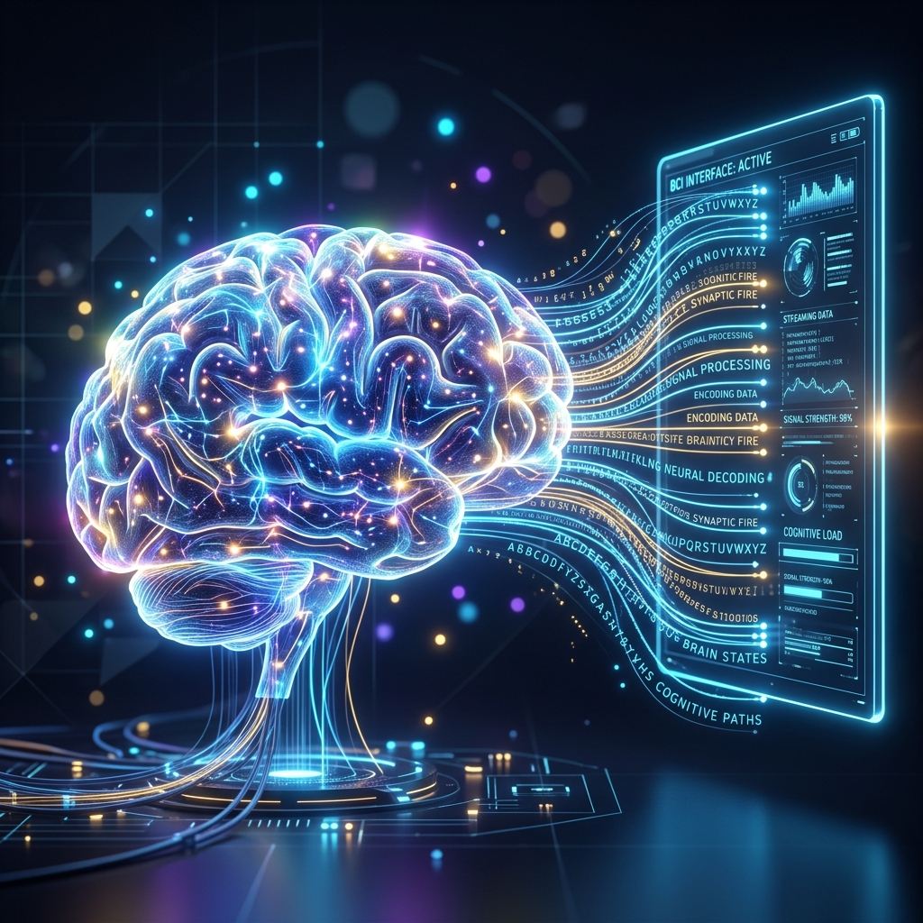 Glowing 3D holographic brain emitting neon data streams and alphabetic characters toward a digital screen