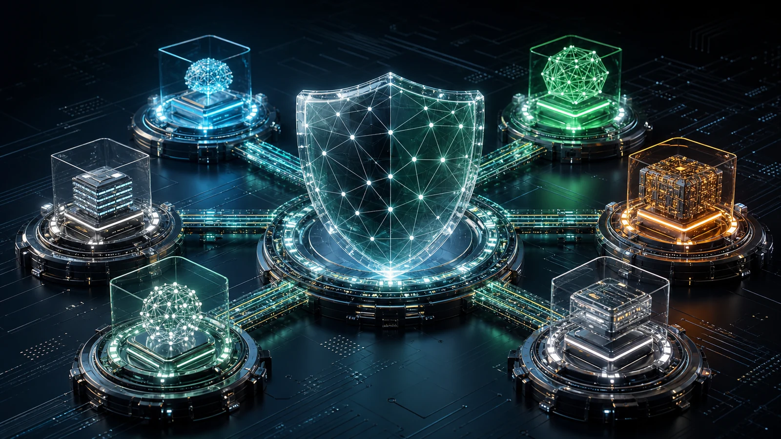 Abstract glass security shield linking six inspectable AI agent nodes.