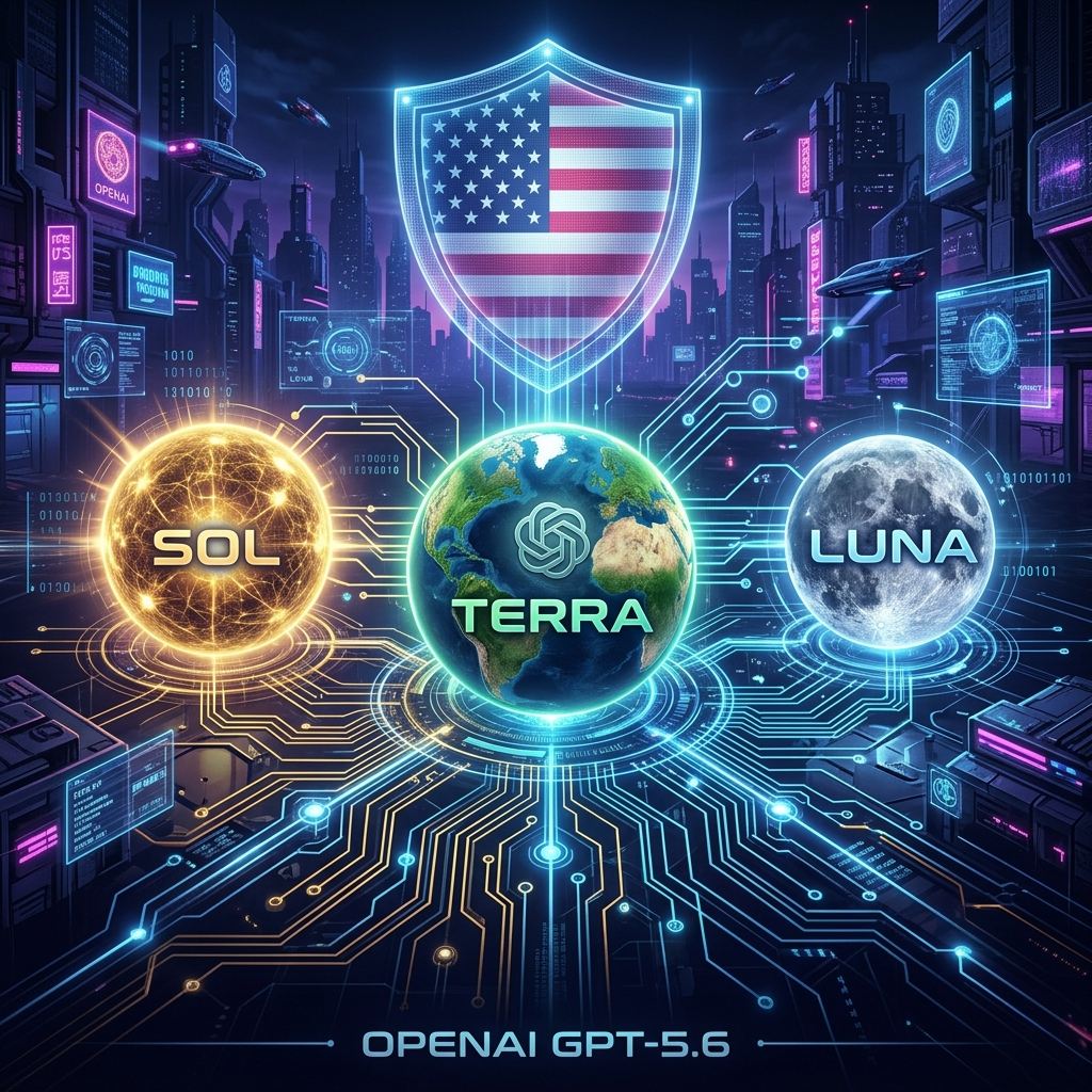 Futuristic representation of OpenAI GPT-5.6 models Sol, Terra, and Luna