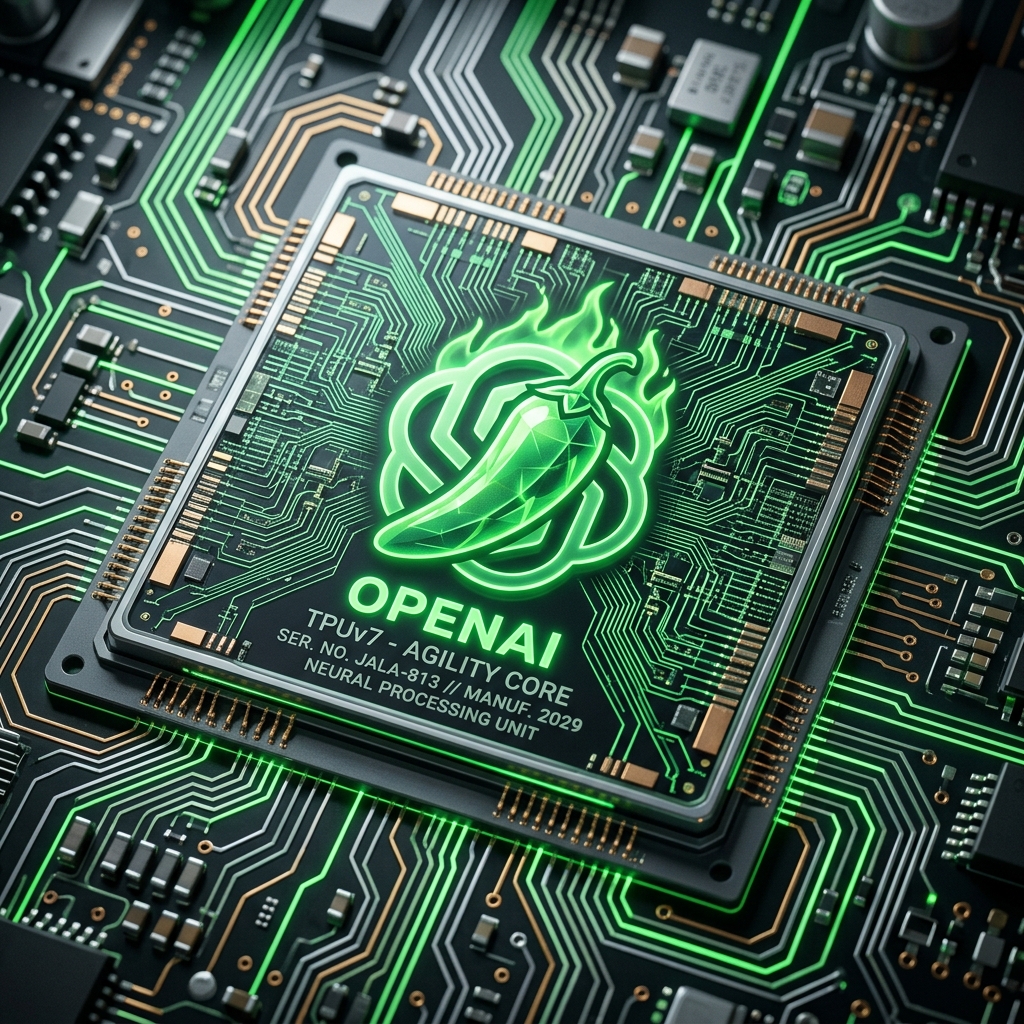 Close-up of OpenAI custom Jalapeno silicon chip with glowing circuitry