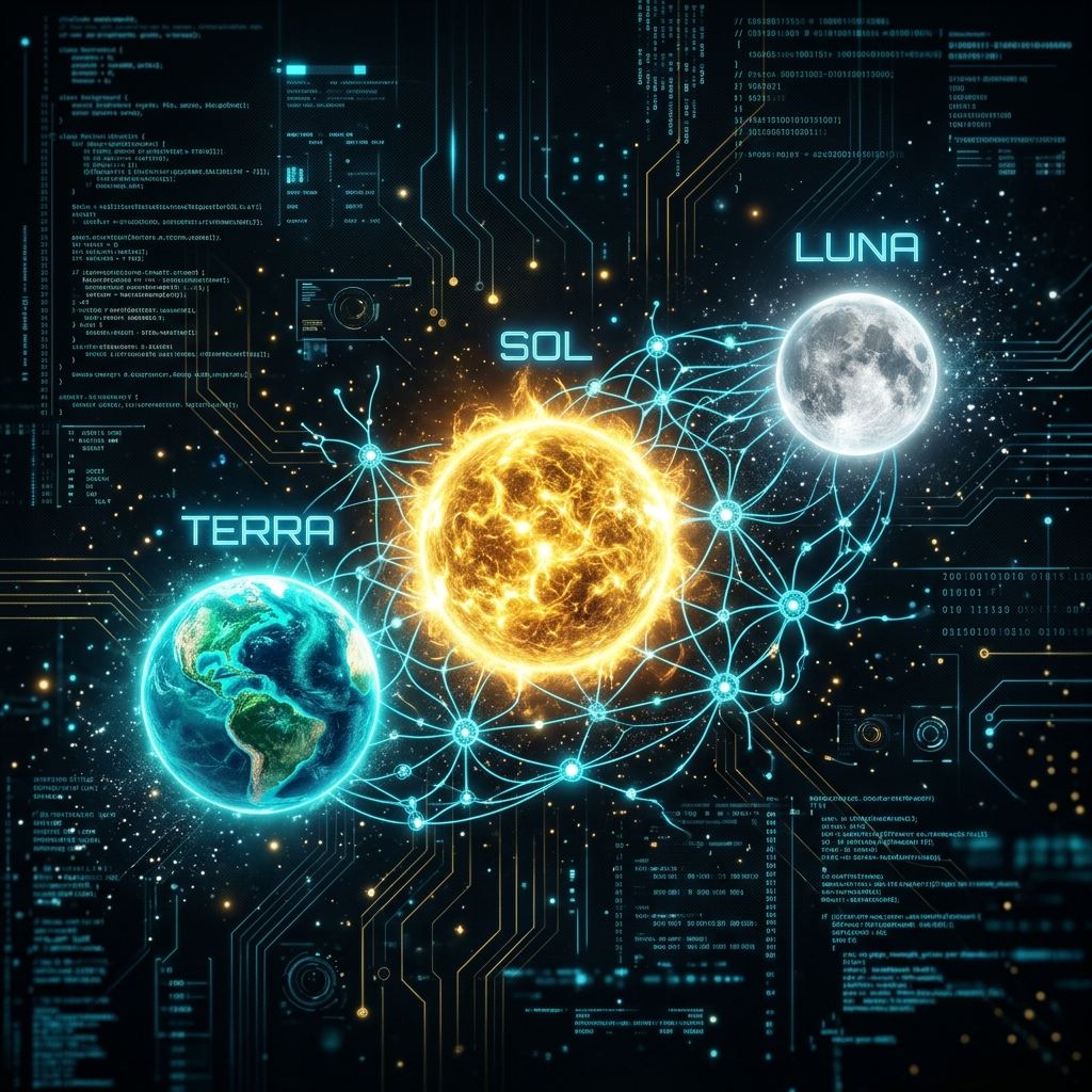 Golden, green, and silver celestial planets connected by glowing neon lines representing Sol, Terra, and Luna models