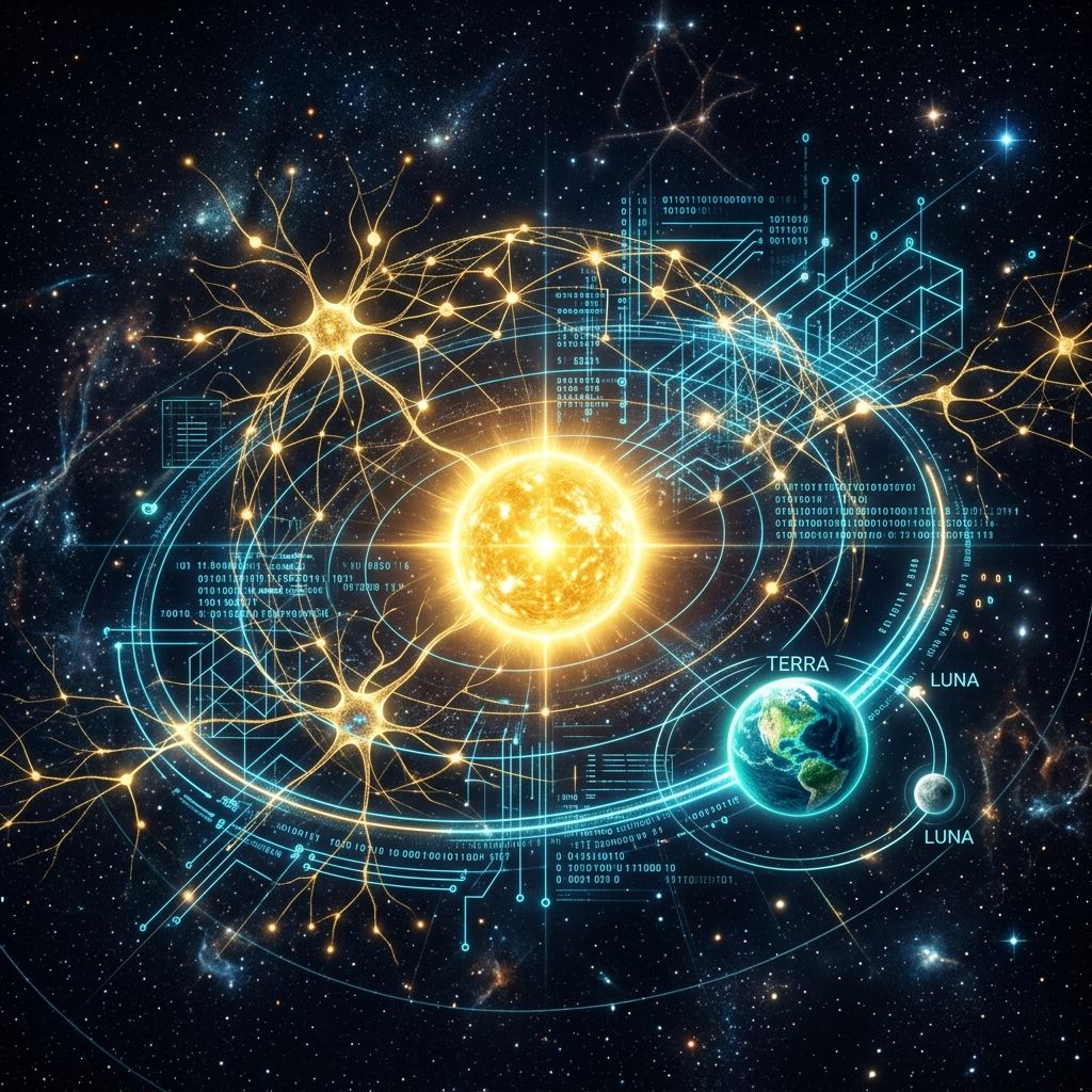 Glowing golden star representing Sol, surrounded by orbital pathways of Earth and Moon and neural network streams