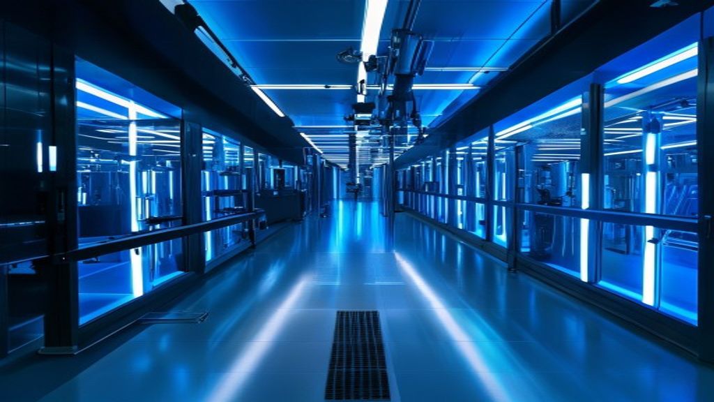 South Korea semiconductor manufacturing facility with blue clean room lighting and advanced chipmaking equipment