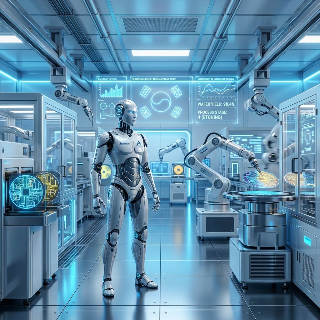 Humanoid robot in semiconductor fabrication hub representing South Korea AI robotics