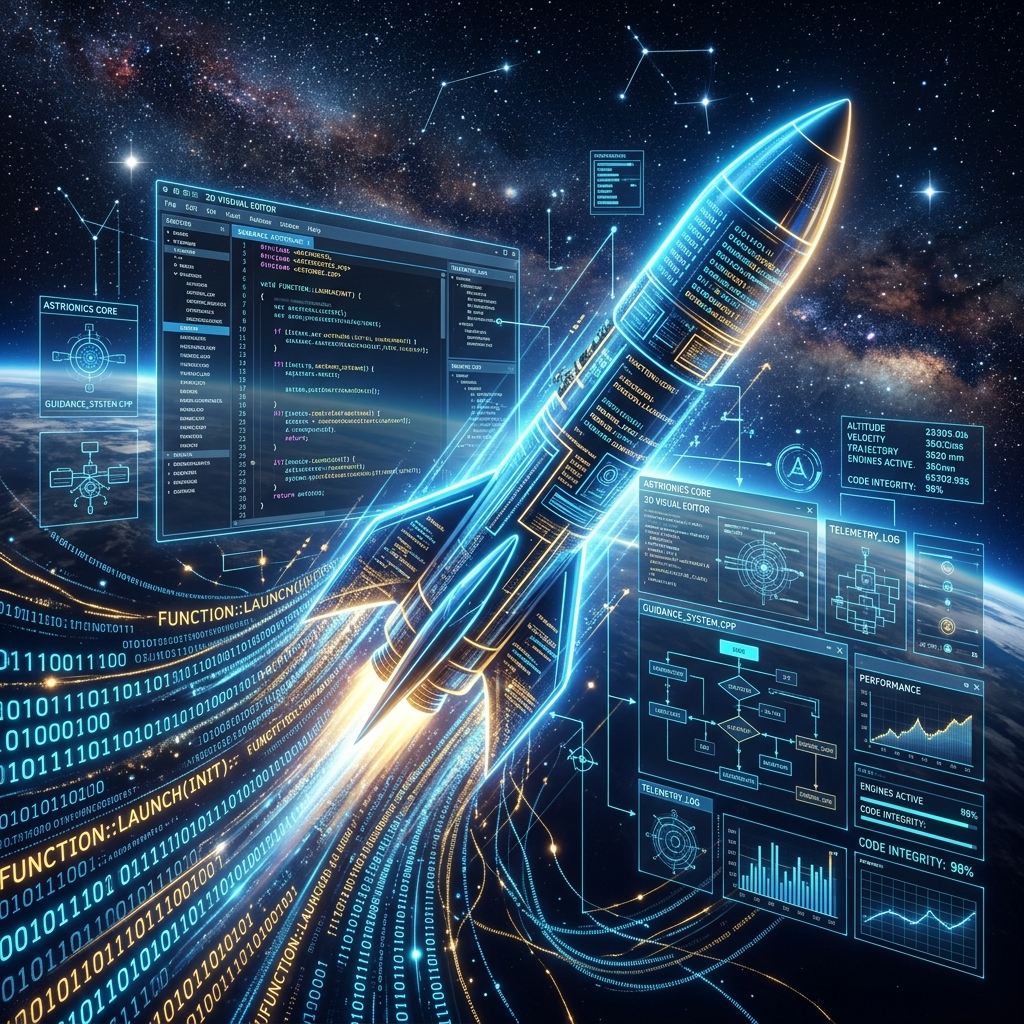 SpaceX rocket launching into space and dissolving into digital code layers representing AI coding technology