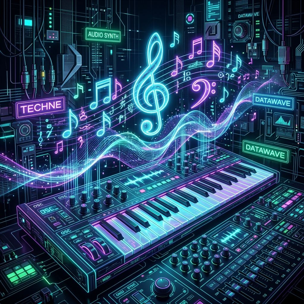 Glowing neon audio mixing board, sound waves, and holographic music notes representing AI music creation