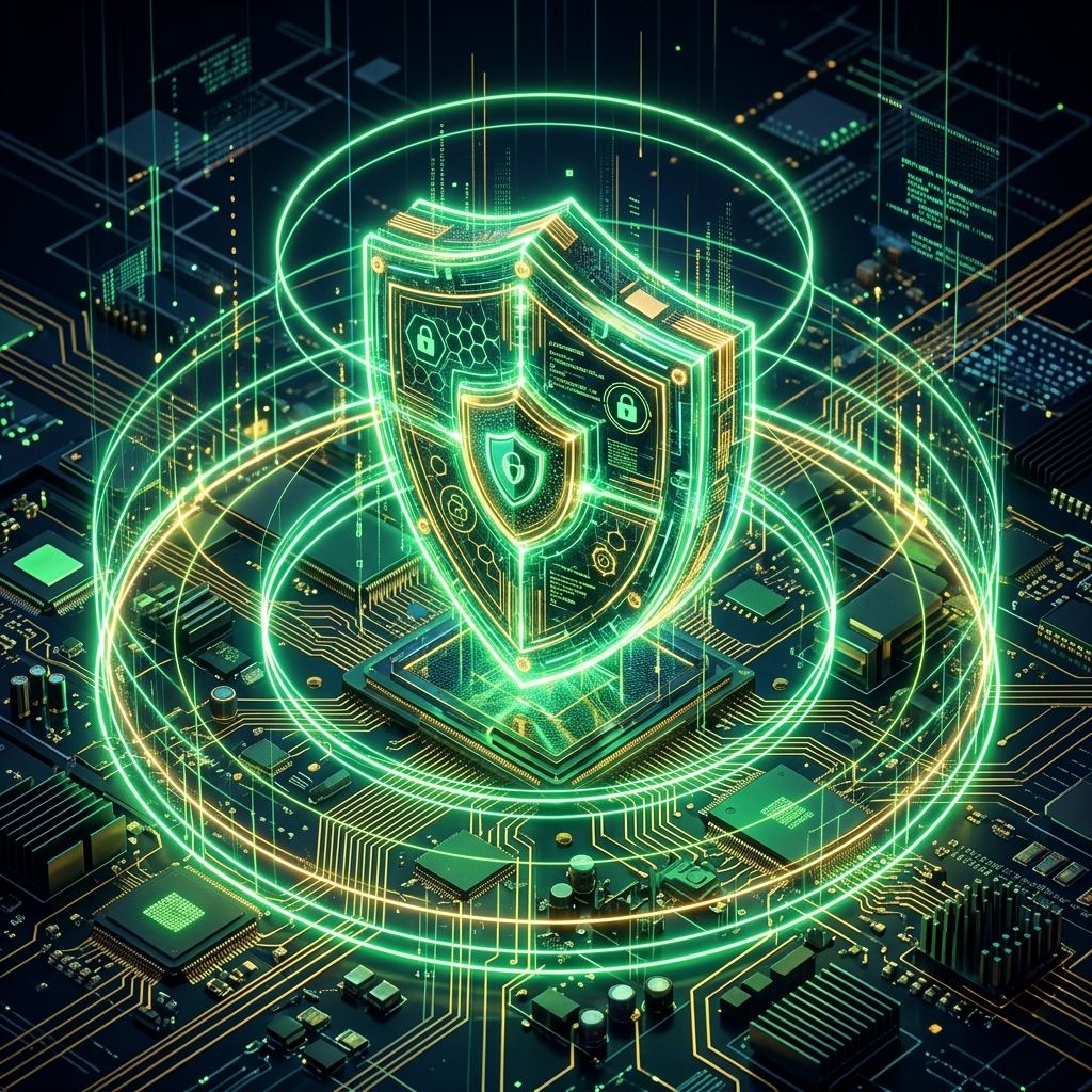Glowing 3D cyber shield floating above complex green microchips representing security layers for AI agents