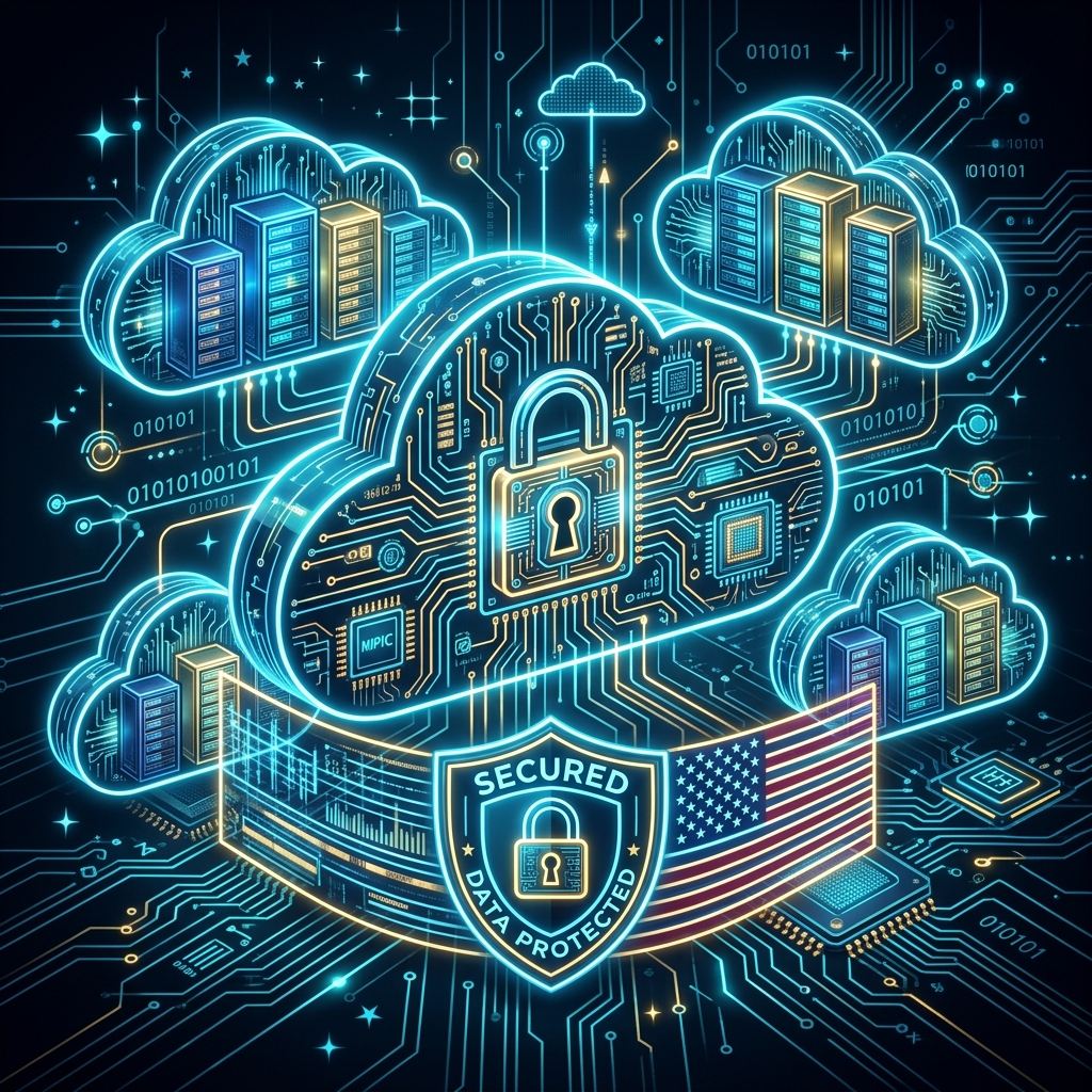 Secure cloud servers inside a locked cloud icon representing US cloud security legislation